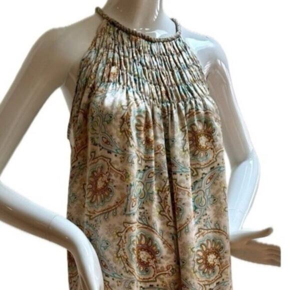 ZARA MINI DRESS TUNIC 100% SILK SMOCKED NECK HALTED PAISLEY ICONIC CHIC SZ M - Picture 5 of 16
